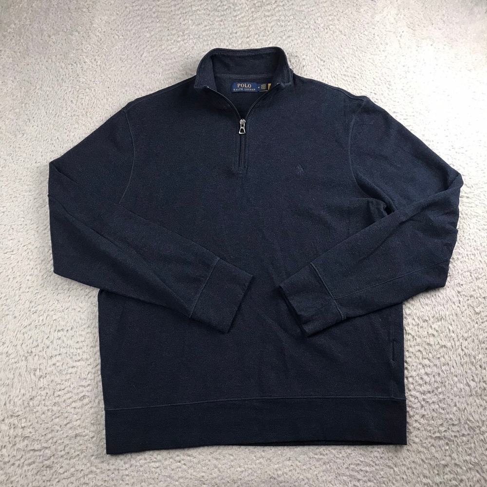 Polo Ralph Lauren 1/4 Zip Pullover Men M Navy Herringbone Pony Logo Sweater